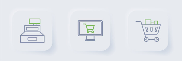 Set line Shopping cart and food, on monitor and Cash register machine icon. Vector