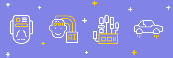 Set line Fantastic flying car, Mechanical robot hand, Humanoid and Artificial intelligence icon. Vector