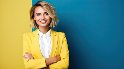 Young woman in yellow blazer and white shirt, vibrant blue background. - obrazy, fototapety, plakaty