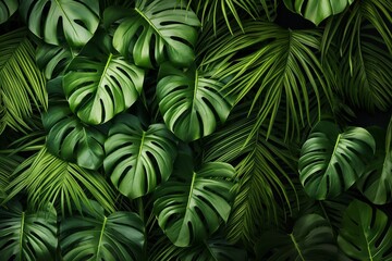 Monstera leaves background. Top view, flat lay, plants, monstera plant, green background, tropical forest plant

