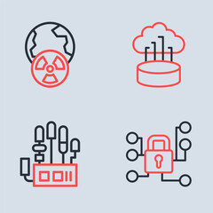 Set line Network cloud connection, Mechanical robot hand, Cyber security and Planet earth radiation icon. Vector