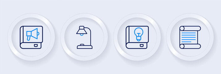 Set line Decree, parchment, scroll, User manual, Table lamp and Book icon. Vector