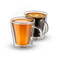 Two glass cups of tea and coffee isolated on white backgound