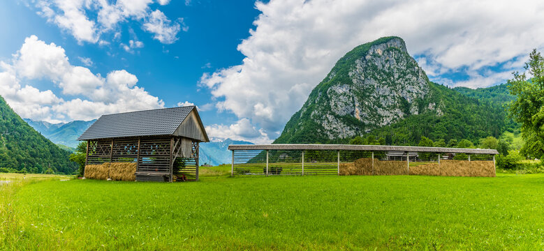 A view of hay drying frame and shed in the alpine meadows approaching lake Bohinj in Slovenia in summertime