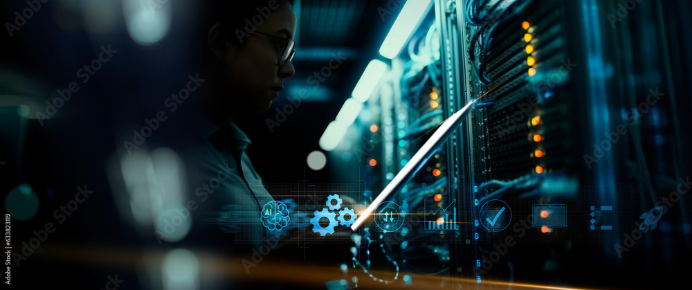 Aufkleber Robotic process automation and business process management. AI technology, innovation, data analytics,Automation for business process workflow optimization and production efficiency improvement.