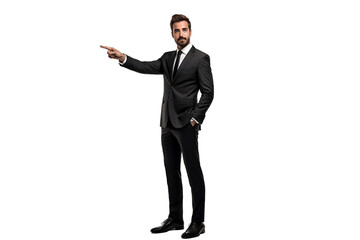 Male Business Presenter Pointing isolated on transparent background, Generative Ai - obrazy, fototapety, plakaty