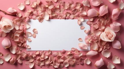  a white paper surrounded by pink flowers on a pink background.  generative ai