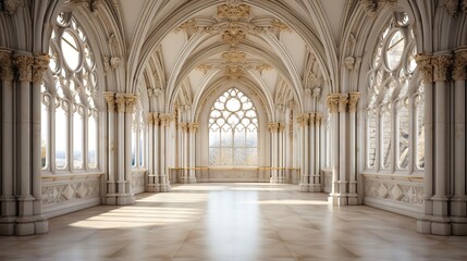 Fototapeta na wymiar a large room with a large arched window and a marble floor. generative ai