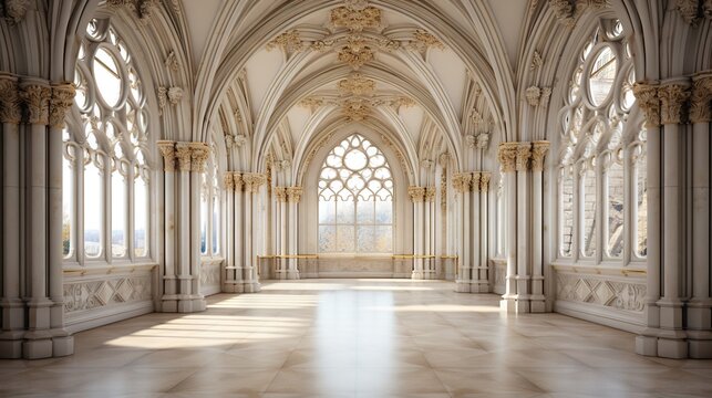  a large room with a large arched window and a marble floor.  generative ai