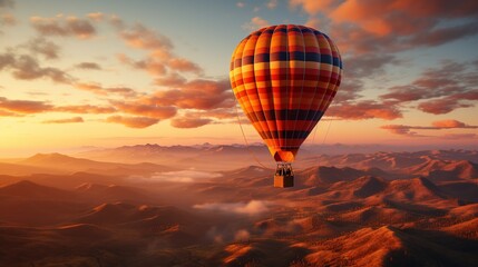  a hot air balloon flying over a mountain range at sunset.  generative ai