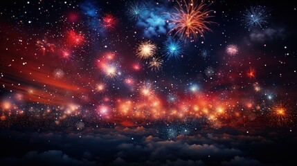 Fototapeta na wymiar a colorful fireworks display in the sky with clouds and stars. generative ai