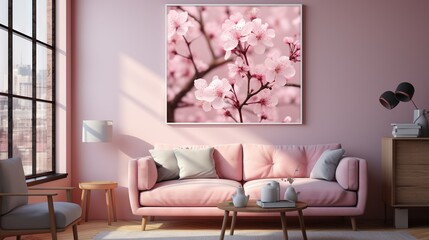  a living room with a pink couch and a painting on the wall.  generative ai