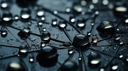  drops of water on a black umbrella with a black background.  generative ai