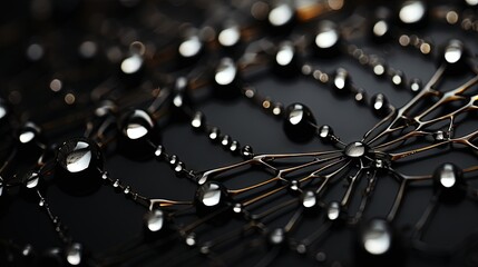  a bunch of drops of water on top of a black surface.  generative ai