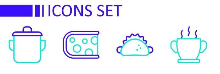 Set line Bowl of hot soup, Taco with tortilla, Cheese and Cooking pot icon. Vector