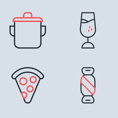 Set line Wine glass, Slice of pizza, Candy and Cooking pot icon. Vector