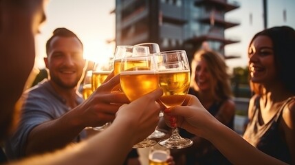 Group of friends drink beer on the terrace and toast during summer night. Generative A - obrazy, fototapety, plakaty