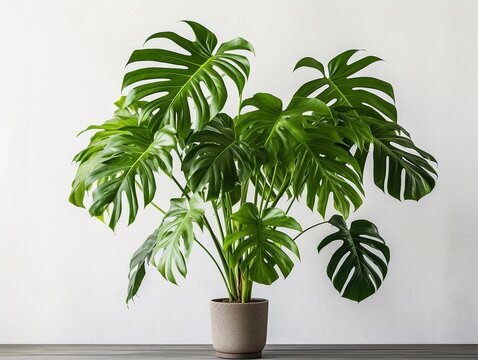 clean image of a large leaf house plant Monstera deliciosa in a pot on a white background