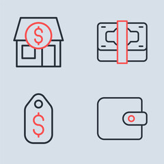 Set line Stacks paper money cash, Price tag with dollar, Wallet and Market store icon. Vector