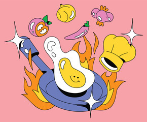 Frying pan with egg and ingredients for breakfast vector illustration