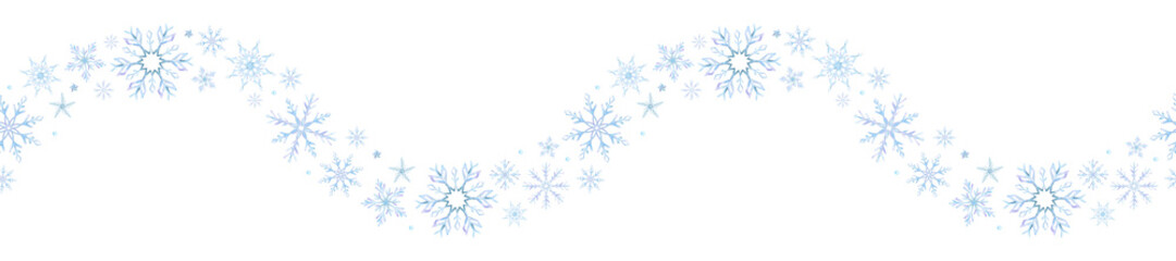 Snowflake, Snow, stars. Seamless border. Watercolor illustration drawn by hands. Isolated. For postcards, invitations, cards