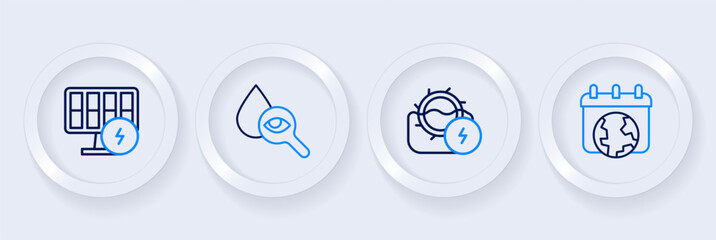 Set line World Earth day, Water mill, Drop and magnifying glass and Solar energy panel icon. Vector