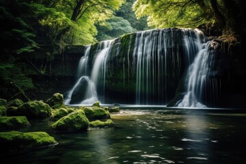 Majestic waterfall in a lush, green forest - Natural beauty and tranquility  - AI Generated