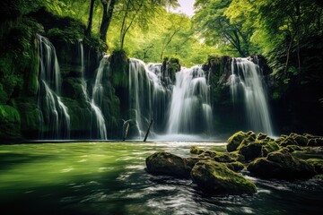 Fototapeta na wymiar Majestic waterfall in a lush, green forest - Natural beauty and tranquility - AI Generated