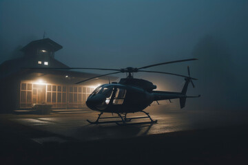 Fototapeta na wymiar Black Chopper Amidst Morning Mist