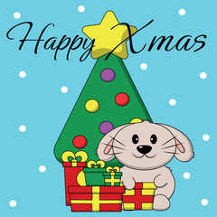 Christmas greeting postcard with character Rabbit with Christmas tree and gift box