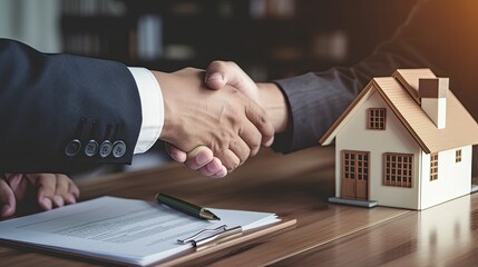 Fototapeta na wymiar lease, rental and selling home. Dealership manager handshake customer to the new homeowner. rent house, Sales, loan credit financial, insurance, Seller, dealer, installment gen by AI.
