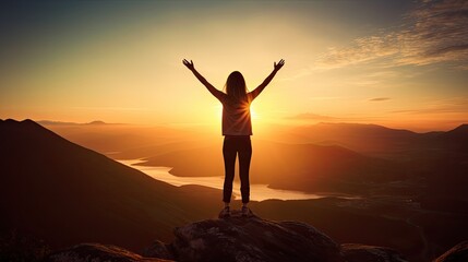 Silhouette of woman stand and feel happy on the most hight at the mountain on sunset, success, leader, teamwork, target, Aim, confident, achievement, goal, on plan, finish, generate by AI.