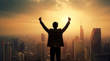 Fototapeta premium Silhouette of business man stand and feel happy on the most hight at stand on sunset, success, leader, teamwork, target, Aim, confident, achievement, goal, on plan, finish, generate by AI