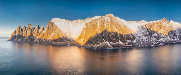 Foto op Plexiglas Midnight sun in Northern Norway. Amazing sunset over calm waters of Norwegian nortern fjords tucked away among hills. Viewpoint, Senja island. Tourism, travel concept. © Michal