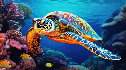 Fototapeta na wymiar Colorful turtle and tropical fish life in the coral reef, animals of the underwater sea world