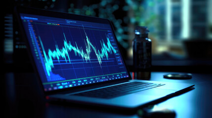 Laptop Close-Up: Bitcoin Trading in Neon Blue