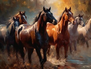 Horses illustration paintings of unique wall art generative ai