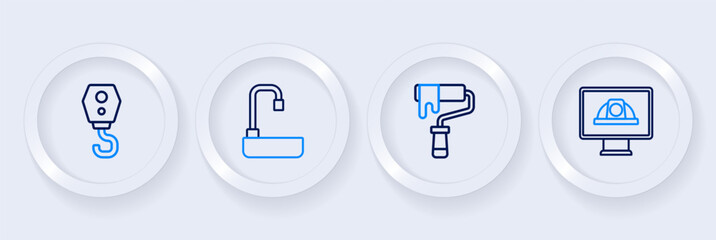 Set line Worker safety helmet, Paint roller brush, Washbasin and Crane hook icon. Vector