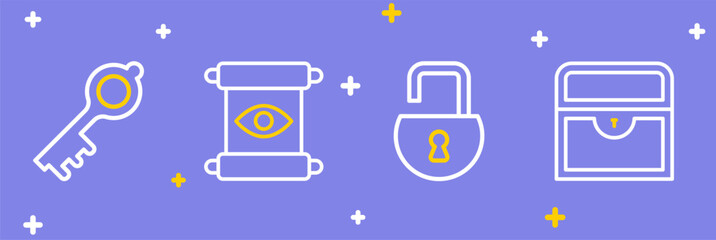 Set line Antique treasure chest, Open padlock, Magic scroll and Old magic key icon. Vector