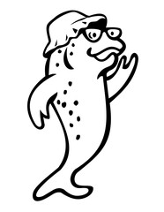 Mascot illustration of a salmon or trout fish wearing bucket hat waving hello and standing  viewed from front on isolated background in retro style.