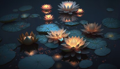 floating lotus orchids in dark water, illuminated by lights