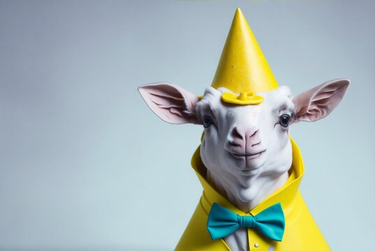 A goat wearing a yellow hat with a bow tie.