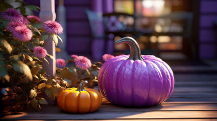 A purple pumpkin on the porch. Epilepsy awareness symbol. Halloween, thanksgiving decor.