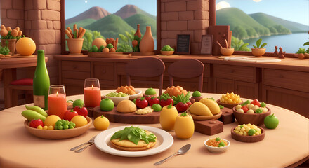 テーブルに沢山の料理。背景には美しい風景