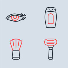 Set line Bottle of shampoo, Makeup brush, Shaving razor and Woman eye icon. Vector
