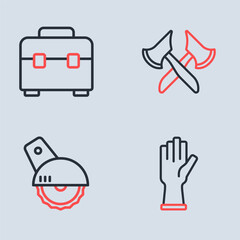 Set line Wooden axe, Electric circular saw, Protective gloves and Toolbox icon. Vector