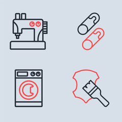 Set line Closed steel safety pin, Washer, Leather and Sewing machine icon. Vector