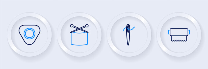 Set line Textile fabric roll, Needle for sewing with thread, Knitting needles and Sewing chalk icon. Vector