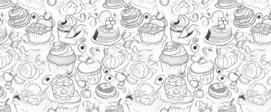 Outline desserts pattern on white background. Banner with different sweets, cupcakes, pancakes. Gift paper, coloring book concept. AI generative