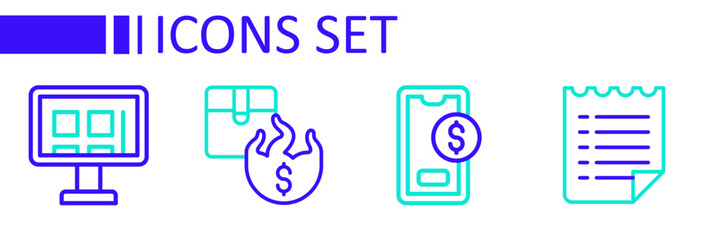 Set line Wish list template, Mobile with dollar, Hot price and Online shopping on screen icon. Vector